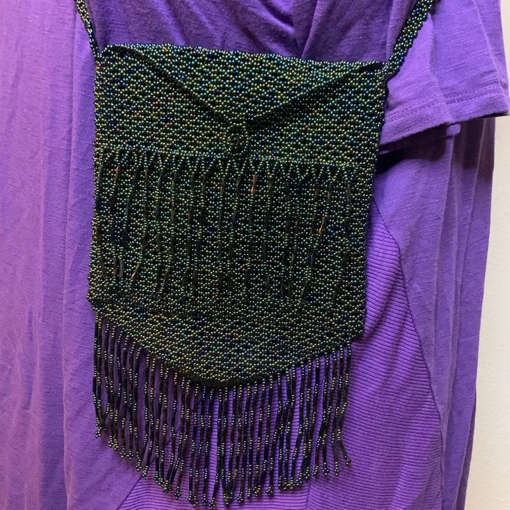 crossbody handbag BEADED hand crafted green With blue purple beads 5.5 x 7” NWOT